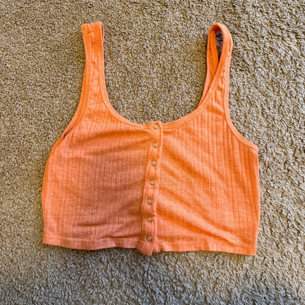 Orange Button-Front Ribbed Crop Top